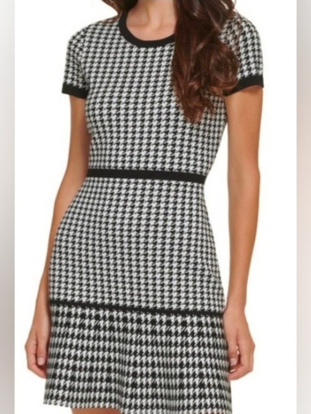 Karl Lagerfeld Black & White Houndstooth Short Sleeve Fit-and-Flare Dress Size M